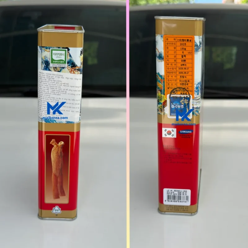 Nhãn phụ và tem kiểm định trên hộp sâm củ Wooshin 150g 8 củ